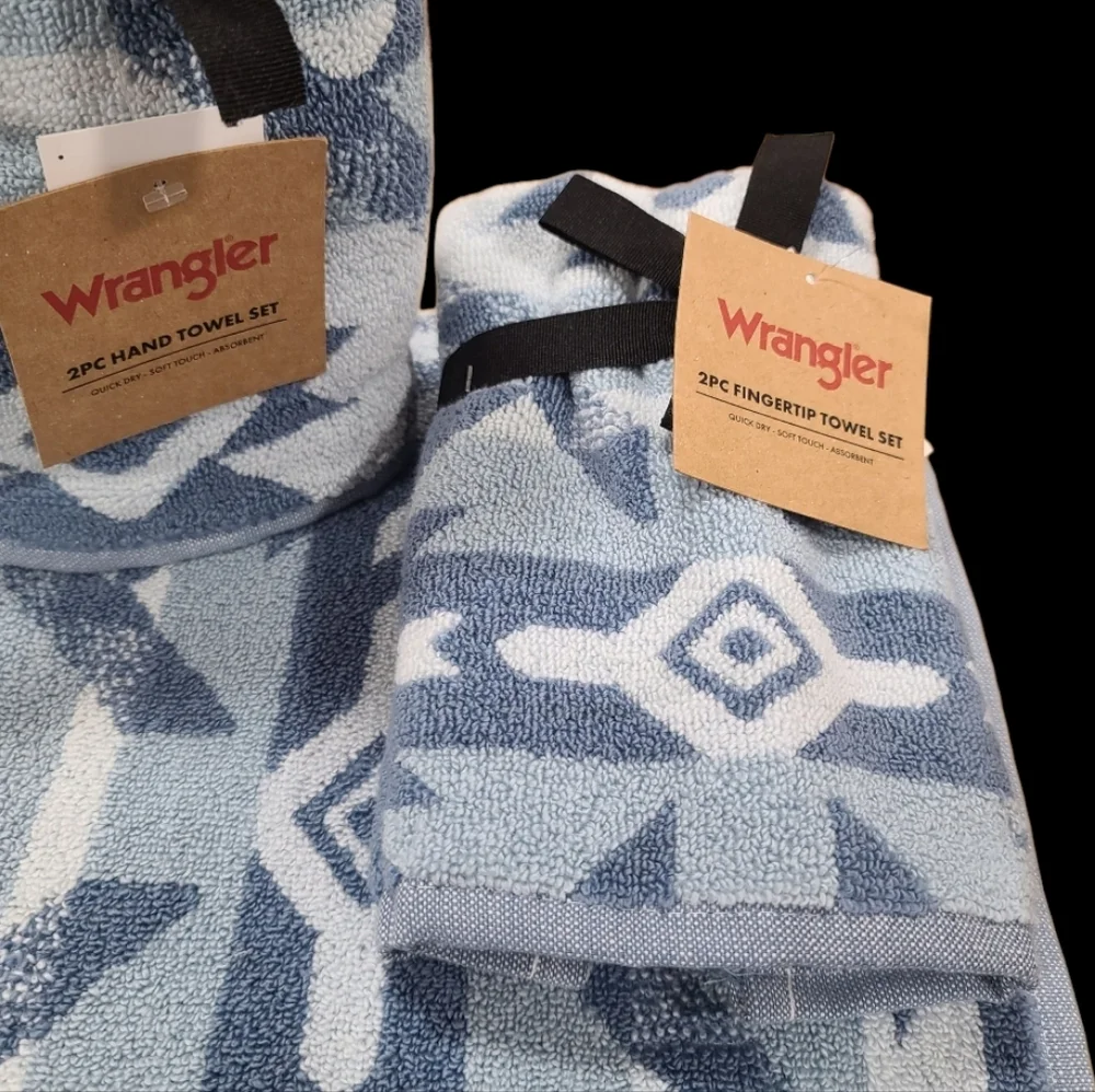 4pc Wrangler Hand & Tip Towels Blue Aztec Super Soft Western Ranch Cowboy NEW